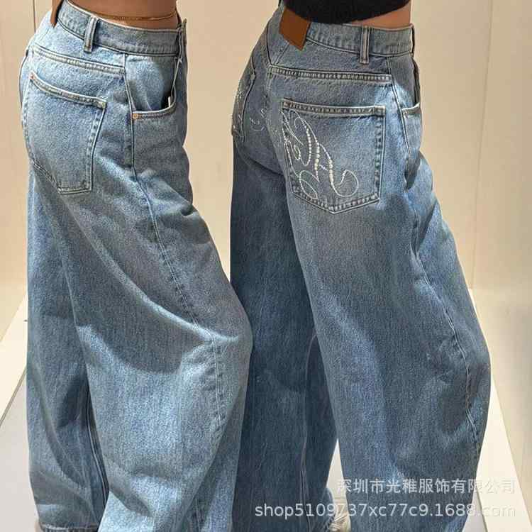 レディース デニムパンツ ハイウエスト ワイドレッグ ストレート スリム レトロ フロア丈 小柄対応 ストーン付き カジュアル 普段使い 伸縮性 コットン混