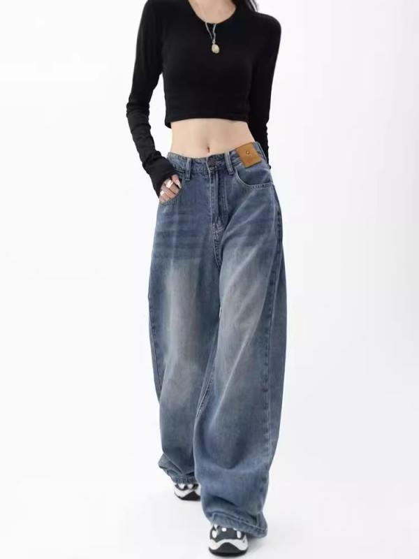 レディース デニムパンツ ワイドレッグ ビンテージ風 ゆったり フィット ストレート ロング丈 スリム効果 脚長 スタイルアップ 日系ファッション 普段使い 通勤対応 伸縮性 コットン混