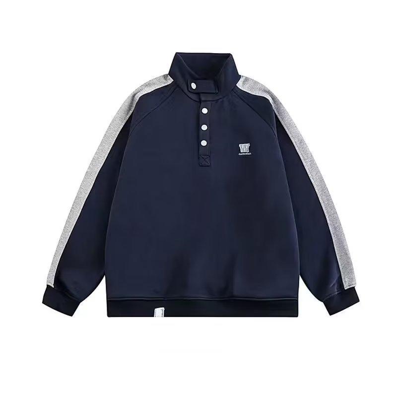 秋冬 メンズ レトロ 切り替え スタンドカラー スウェット パーカー プルオーバー カジュアル アウター 日常使い 暖か コットン混 ビッグシルエット 学生向け