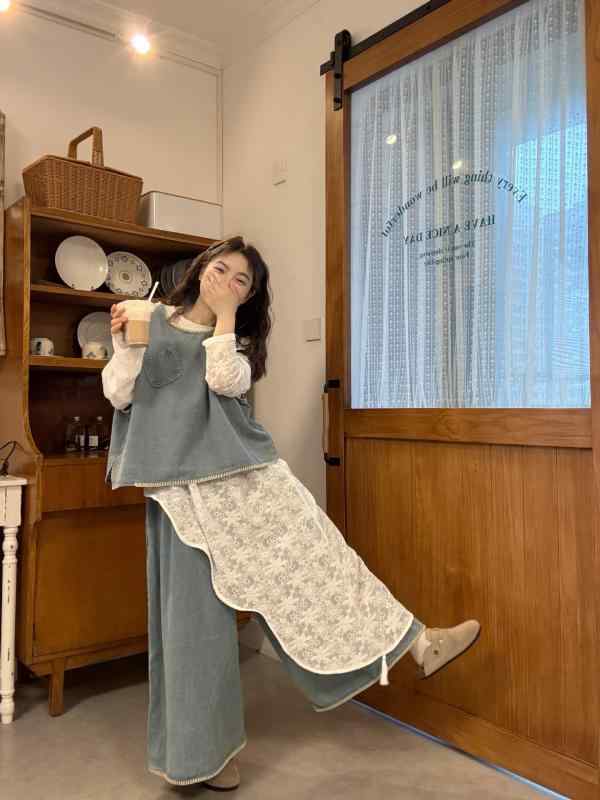 レディース 春 レトロ セットアップ アシンメトリー レース ワンピース レイヤード ベスト デニム ワイドパンツ 三点セット カジュアル スタイル 日常使い 軽量 素材