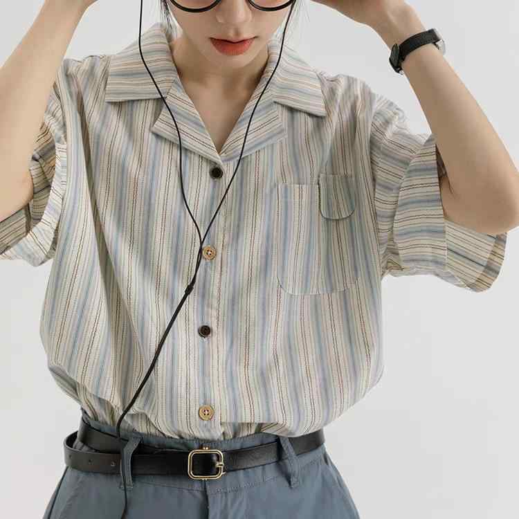 レディース 夏用 ストライプ 短袖 シャツ 学院風 日系 爽やか レトロ 風 細見え 学生スタイル トップス 軽やか コットン混 スクール コーデ