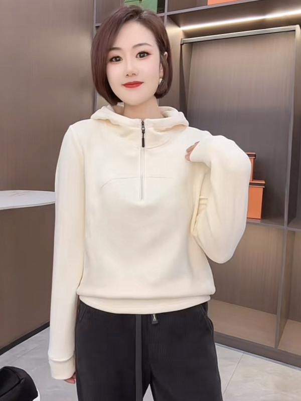 レディース ハーフジップ フード付き ショート丈 パーカー ゆったり 小柄対応 カジュアル ベーシック フィット デイリー トップス