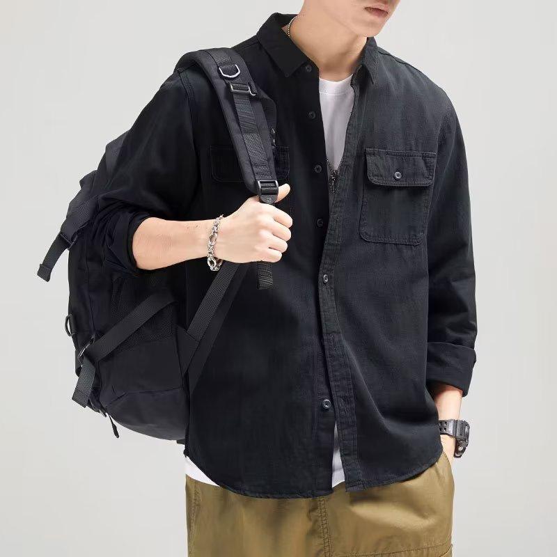 シャツ メンズ 長袖 春秋 工装風 レトロ アウター アウトドア カジュアル クール トップス ストリート ファッション 軽量 伸縮性 コットン 混 ビッグシルエット ブラック グレー ベージュ
