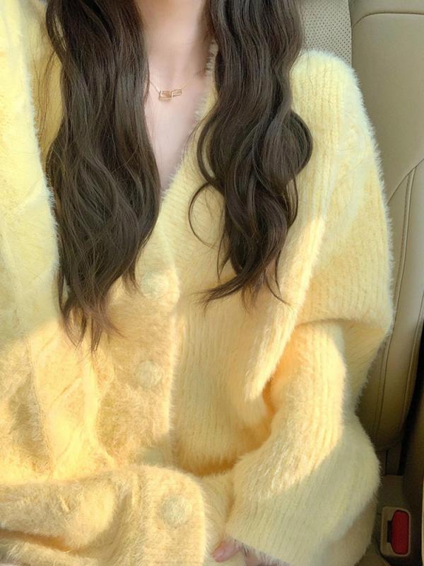 カーディガン レディース 淡い黄色 ふんわり ニット 春秋 優しい 韓国 スタイル 柔らかい 素材 リラックス フィット 軽量 日常使い 伸縮性