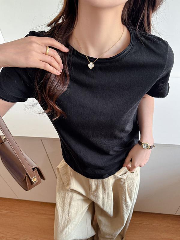 Tシャツ レディース 夏 ベーシック 小丸首 半袖 韓国 スリムフィット スリム見せ ストレートショルダー 高級感 インナー トップス 普段使い 軽量 伸縮性 吸湿速乾 接触冷感 コットン混 ブラック ホワイト ピンク系 アイボリー