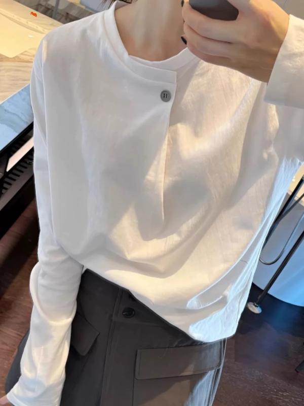 レディース 長袖 Tシャツ 綿100% 無地 ホワイト 通勤用 ボタン付き インナー アウター 両用 トップス コットン素材 シンプル 普段使い 快適 肌触り