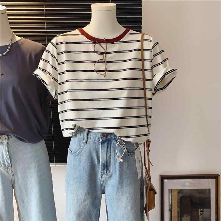 Tシャツ レディース 夏 短袖 ストライプ 配色 ゆったり シンプル おしゃれ 韓国 合わせやすい 普段使い コットン混 軽量 吸湿速乾 個性派 トップス