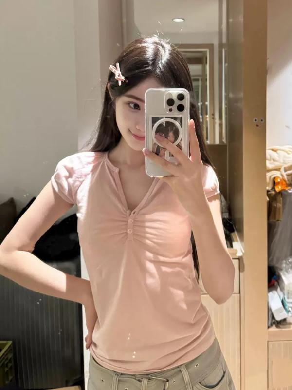 レディース 夏 半袖 Tシャツ プリーツ パフスリーブ 3つボタン スリムフィット 韓国 カジュアル 普段使い ベーシック トップス