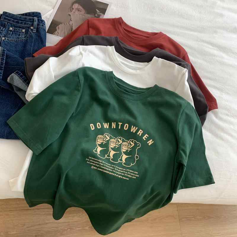 レディース 短袖 Tシャツ ダークグリーン カードゥーン柄 プリント ゆったり ラウンドネック ウォッシュドコットン 綿 カジュアル トップス 夏用 軽量 吸湿速乾 普段使い