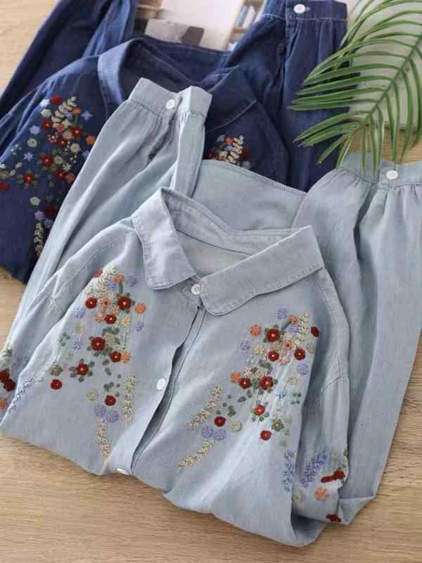 シャツ 女性用 夏 レトロ 刺繍 デニム 長袖 インナー 森ガール カジュアル 普段使い ウォッシュド ナチュラル トップス