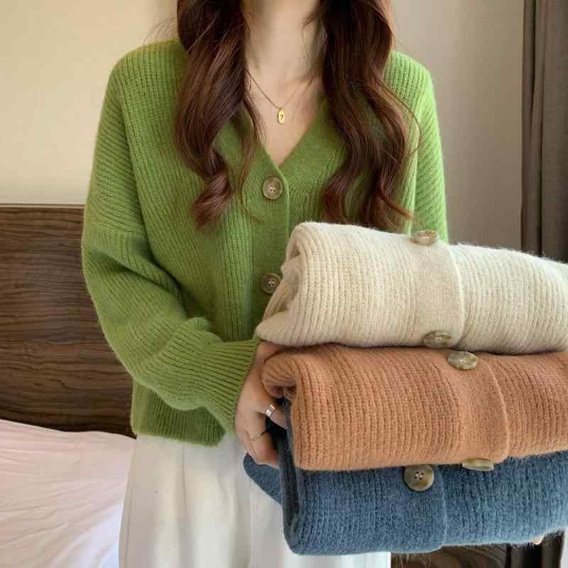レディース ニット カーディガン ゆったり ショート丈 Vネック 春秋 カジュアル 韓国スタイル リラックス フィット ソフト 普段使い