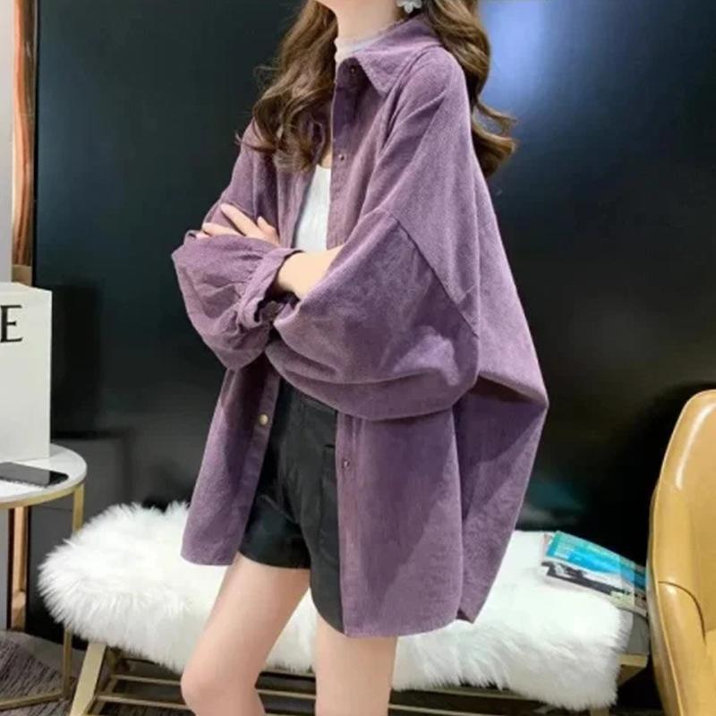 シャツ レディース コーデュロイ ポロ襟 ゆったり 中長丈 紫 カジュアル リラックス 春秋 トップス 暖かみ 普段使い 柔らかい 素材