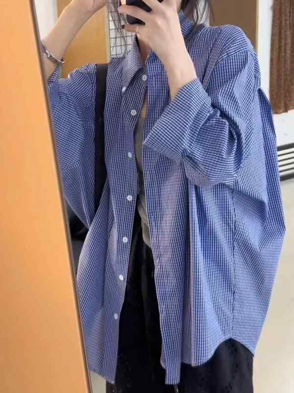 シャツ レディース 春夏 長袖 チェック柄 ブルー ビッグサイズ スリムシルエット ゆったり カジュアル 普段使い トップス