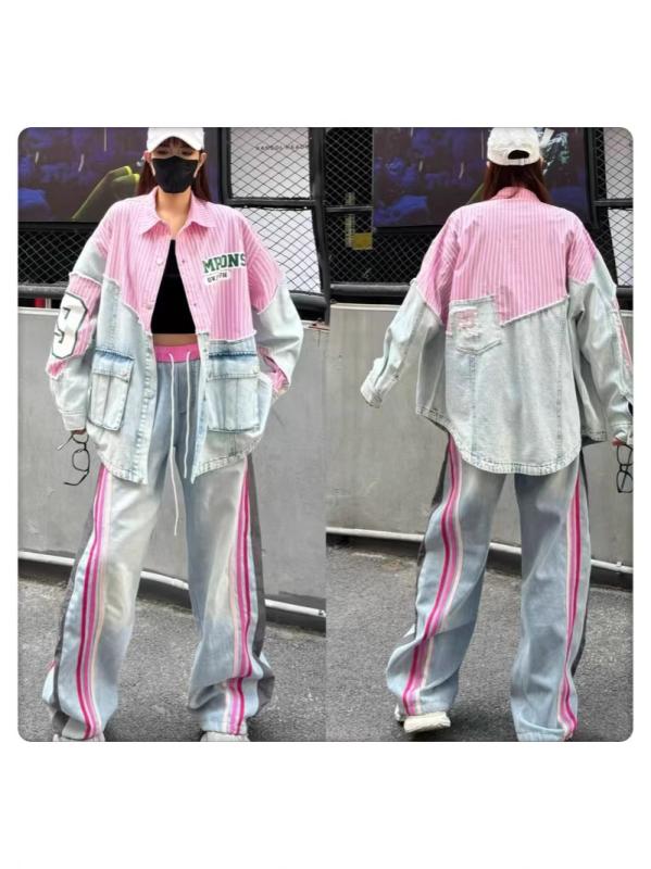 レディース 春夏 縞模様 うつり変わり ジーンズ プルオーバー ゆったり ビッグ衣嚢 ロゴタイプ 刷り上げる 心地好い トップス  相応う ジーンズ 原材料 普段使い