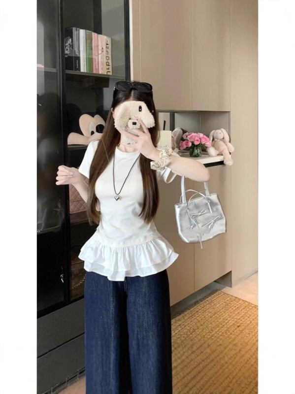 トップス 女性用 ラウンドネック 短袖 Tシャツ 韓国 フリル裾 夏用 スリム効果 かわいい ゆったりシルエット 軽量 コットン混 ブラック ピンク系