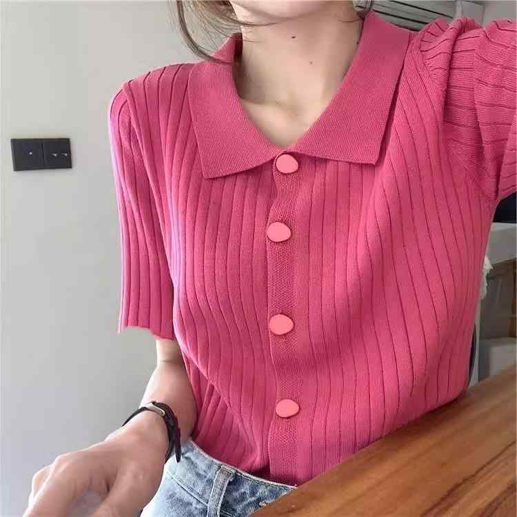 レディース 夏 ポロカラー 半袖 Tシャツ 接触冷感 ニット トップス ローズピンク カジュアル 韓国 ストレートショルダー 吸湿速乾 軽量 普段使い