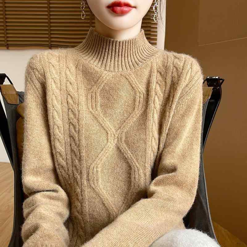 ポイント10倍 レディース ニットセーター 厚手 ハーフハイネック ツイストフラワー柄 長袖 ウール素材 ゆったりシルエット 秋冬 暖か インナー用 柔らかい 肌触り