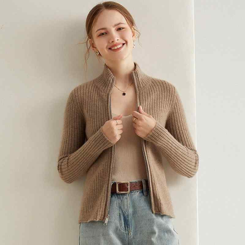 ポイント10倍 レディース ニット カーディガン 秋冬 スタンドカラー スリムフィット ジッパー 厚手 無地 アウター 暖か 素材 高級感 コート トップス