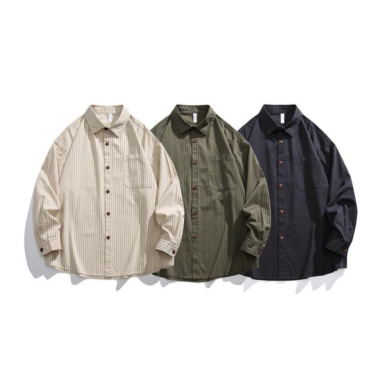ポイント10倍 メンズ シャツ 長袖 コットン ウォッシュ加工 ストライプ ゆったりシルエット カジュアル 通勤 普段使い 軽量 伸縮性 春秋
