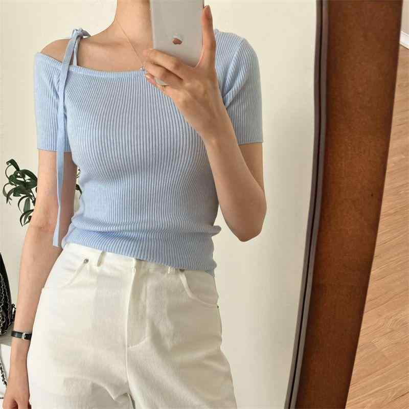 ポイント10倍 夏 レディース フレンチスタイル オフショルダー 紐 ストライプ フィット 半袖 ニット トップス ブラウス 軽やか 大人っぽい ユニーク 合わせやすい 伸縮性 普段使い
