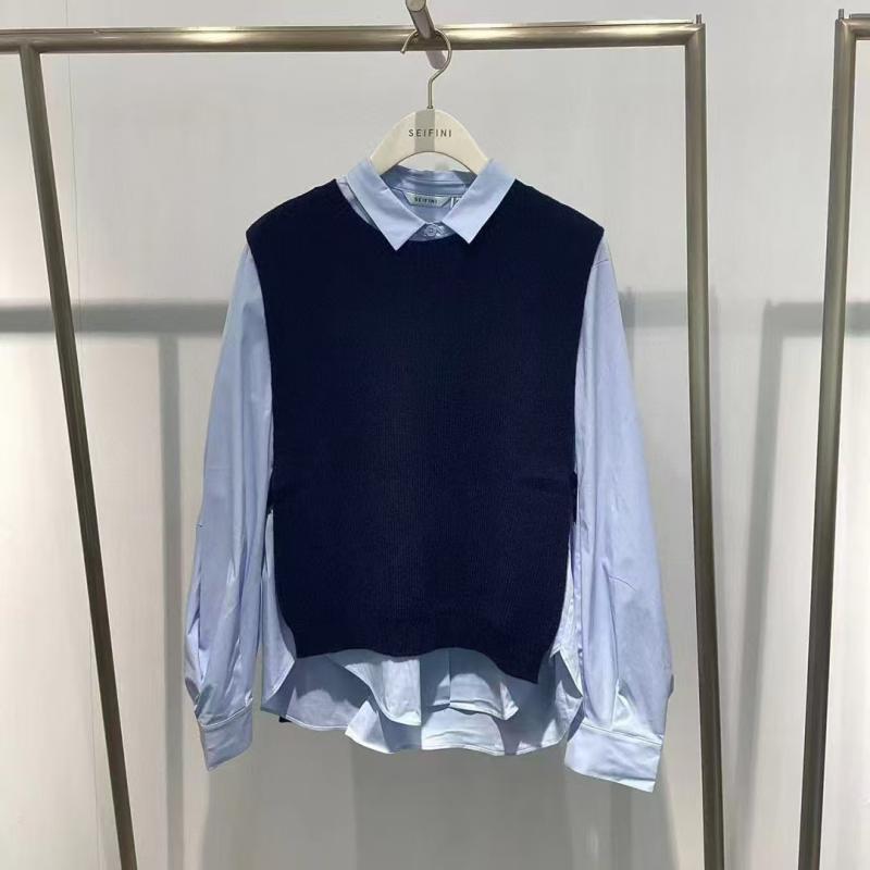 ポイント10倍 シャツ 春夏 フレンチスタイル ネイビー 切り替えカラー フェイクツーピース プレッピースタイル ニット トップス 伸縮性 ソフト素材 普段使い 軽量 女性用