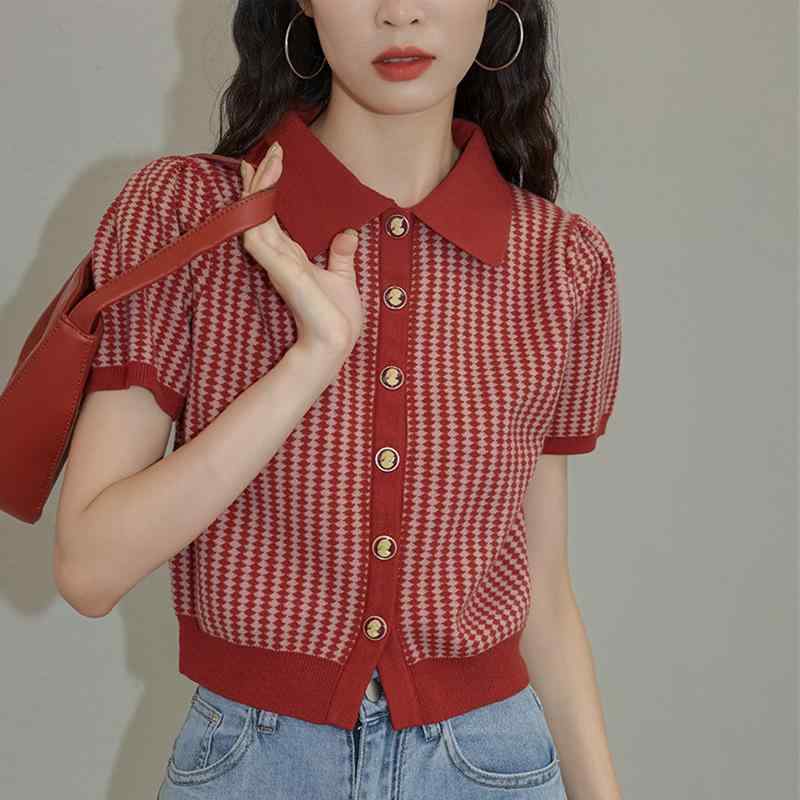 ポイント10倍 ブラウス レディース 夏 レトロ 赤 菱形格子 パフスリーブ ニット フレンチスタイル 切り替え ポロカラー 薄手 短袖 上品 トップス 軽量 カジュアル 吸湿速乾 伸縮性 Vネック風