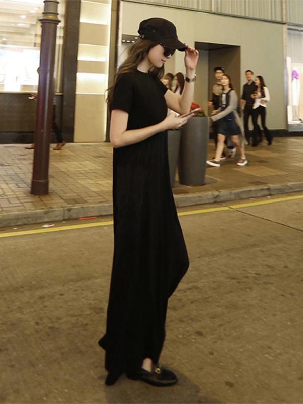 衣装 馬鹿でかい大きさ 夏 黒 半袖 ロング スコート 夏型 女装 流行り物 韓国 ゆるい 衣嚢 衣装が 痩せている