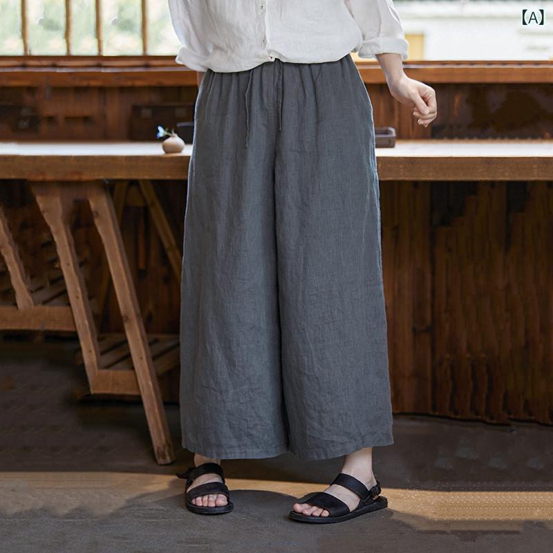 広広としたズボン下 レディース 好いたらしいめ 夏 の 薄墨色の 亜 麻の 心地好い ズボンの 惜しみ無い 足の 30粍の ズボンは 腰を 緩めて ゆったりしています。