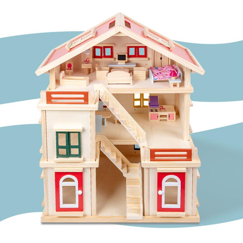 ドールハウス 知育玩具 木製 組み立て式 おままごと セット 子供用 玩具 おもちゃ ごっこ遊び プリンセス 別荘 子供部屋 インテリア キッズ 女の子 誕生日 プレゼント ギフト かわいい おしゃれ 木 知的発達 想像力 空間認識 家具 小道具セッ|LCE店