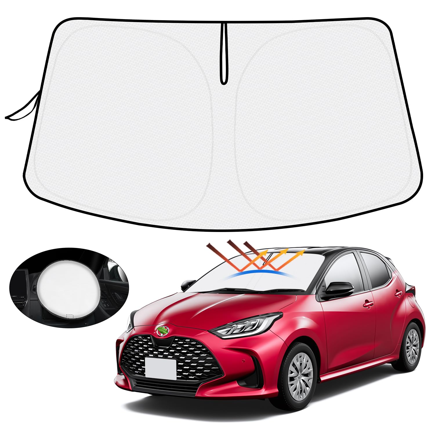 【ハンドル日よけカバー付き】トヨタ ヤリス サンシェード フロントガラス用 YARIS 4代目 2020年2月-現行 車用サンシェード UVカット 日よけ 日差しカット 遮光 断熱 折り畳み式 ハンドルサンシェード 収納袋付き（2セット）