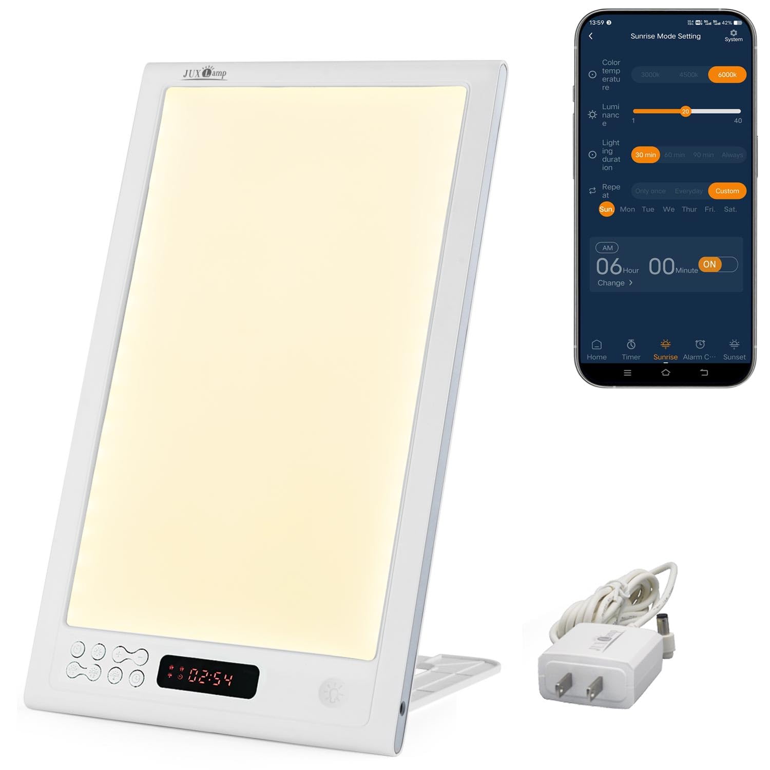 高照度 12000lux 光 目覚まし ライト | フルスペクトル LED 光線療法 ライト | APP 制御付き &生ナチュラルアラーム | 日出?日落機能搭載 | 8種類の自然環境音 搭載 | 寝坊?夜勤?時差ぼけ?オフィス 使用に最適 な ベッドサイドランプ