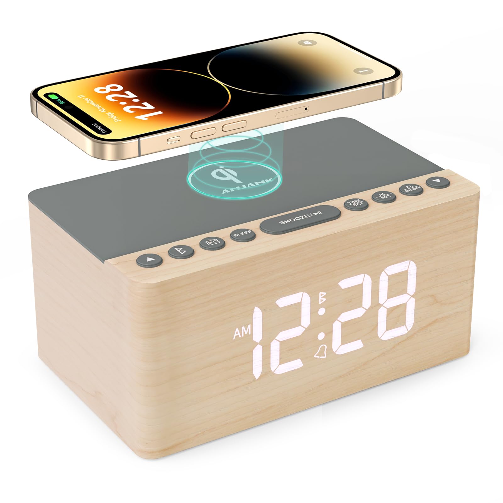 木製目覚まし時計付きBluetoothスピーカー、FM ラジオ、ワイヤレス充電器、USB 充電ポート、0~100% 調光器、スリープタイマー、デジタル時計付きLEDディスプレイ、おしゃれ置き時計、寝室、ベッドサイド、デスク、卓上用（ナチュラル）