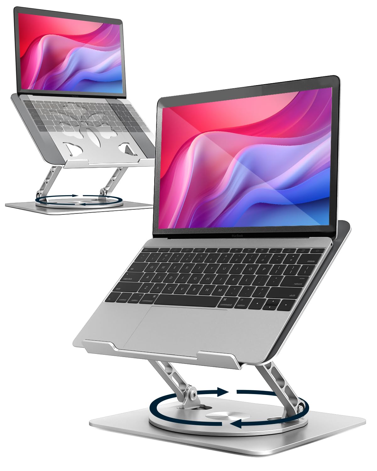 ノートパソコンスタンド- ホルダー PC 360回転式 人間工学 無段階高さ&角度調整可能 姿勢改善 腰痛＆猫背＆肩こり解消 滑り止め 在宅仕事 つくえ 机 省スペース アルミ製折り畳み可能 ZOOM会議 Macbook Air Macbook Pro iPad 16インチまでのノートパソコンや