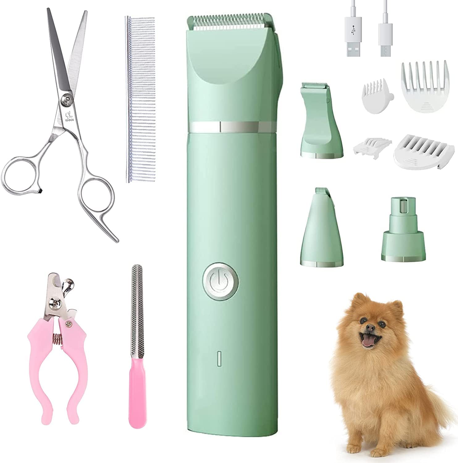 犬 バリカン 犬 猫 ペット用バリカン 充電式 コードレス 4種類刃ヘッド ペットグルーミングセット ペット バリカン 足裏 全身 IPX7防水 全身水洗い可 低騒音 低振動 ハイスペック（コームガイドを贈る） (緑) （セット品） (バリカン) (バリカン?PLUS)