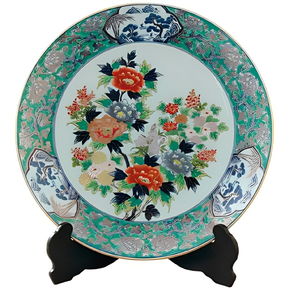 弥左ヱ門 緑彩花絵 12寸皿 木箱入・皿立付 貨物輸送無料 ブランド名 洋食器 御膳上等 格好のいい 可愛らしい 晴れ晴れしい  今めかしい 一般受け おすすめ 一緒になる 差し上げ物 差し上げ物