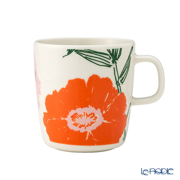【P10倍・クーポン】マリメッコ(marimekko) Puutarhakutsut プゥータルハクツットゥ／ガーデンパーティー マグカップ 400ml ホワイト×オレンジ 074070-162／25SS