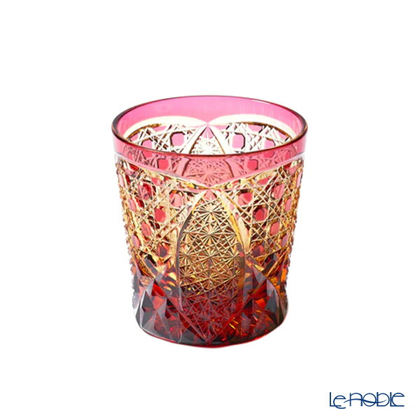 太武朗工房／タブロー 菊繋ぎに籠目紋 オールドグラス 琥珀金赤 250ml 伝統工芸士 木村泰典 作 5136-38 太武朗工房 和食器 グラス ロックグラス オールドファッション ウイスキーグラス
