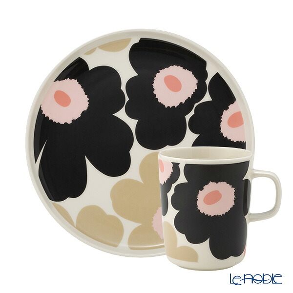 【P10倍・クーポン】マリメッコ(marimekko) Unikko ウニッコ／けしの花 2点セット プレート 20cm ＆ マグカップ 250ml ホワイト×ピンク×チャコール 食器セット 6,941円
