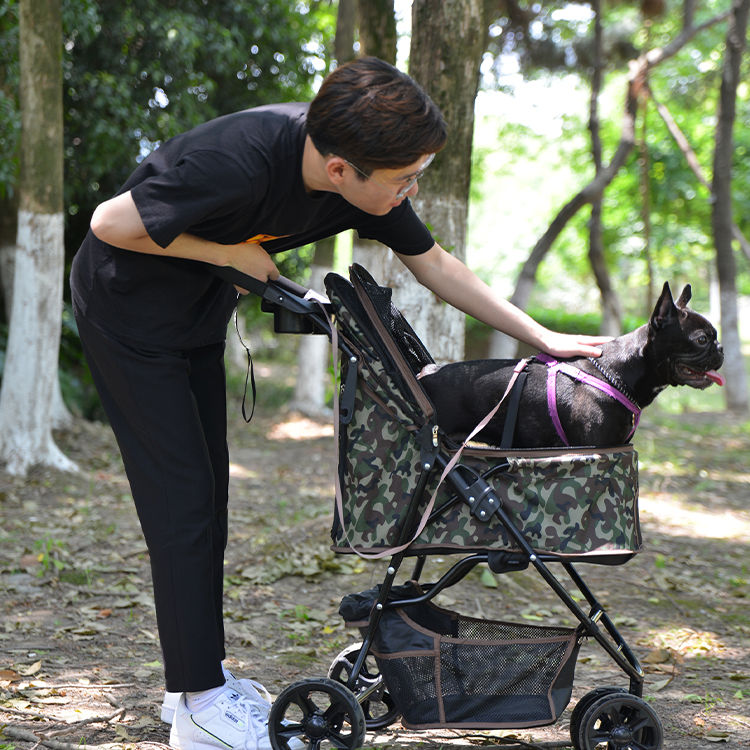 ペットカート 中型犬 小型犬 折りたたみ 3輪 ストッパー付き 折畳 組立簡単 工具不要 介護用 ドッグカート ペットバギー 犬 猫 小動物  ペット用品 【カモフラ】 | lea.shop楽天市場店