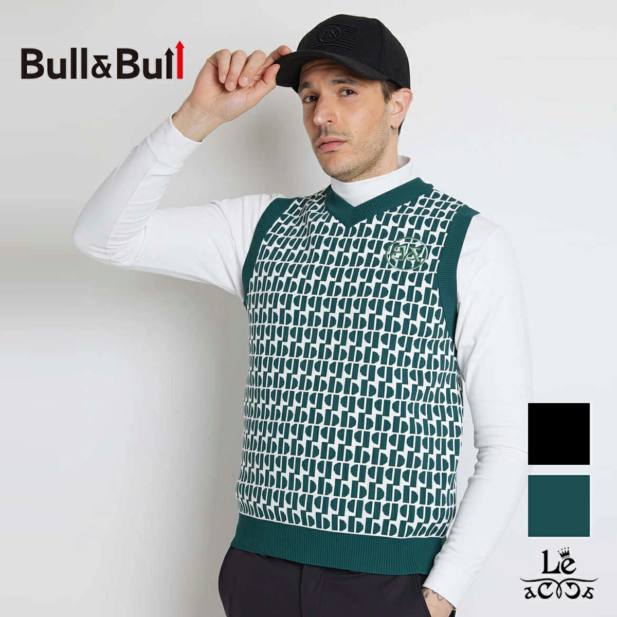 【60％OFF】Bull&Bull ブルアンドブル ゴルフ ニット Ｗジャガードベスト メンズ ゴルフウエア 秋冬 Vネック フレコ 軽量 速乾 グリーン&times;ホワイト ブラック&times;ホワイト 国内正規品 父の日 ギフト 25300【送料無料】｜Le acca