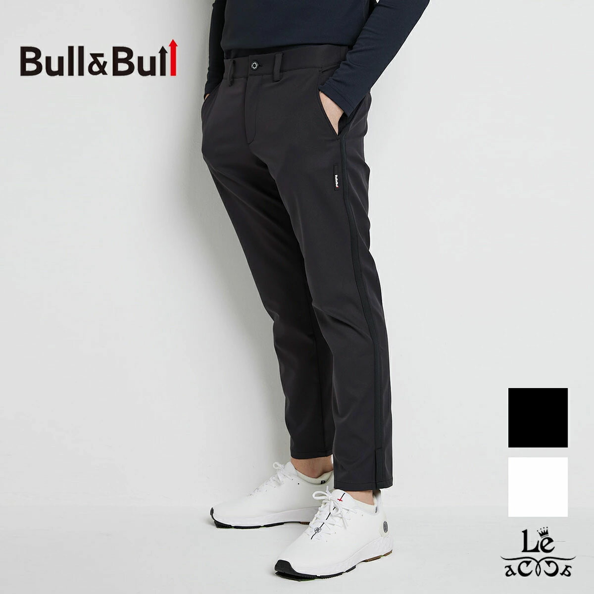 【60％OFF】Bull&Bull ブルアンドブル ゴム パンツ メンズ ゴルフウエア 秋冬 スリット ゴルフ 側章 タイポグラフィ ホワイト ブラック 30800【送料無料】