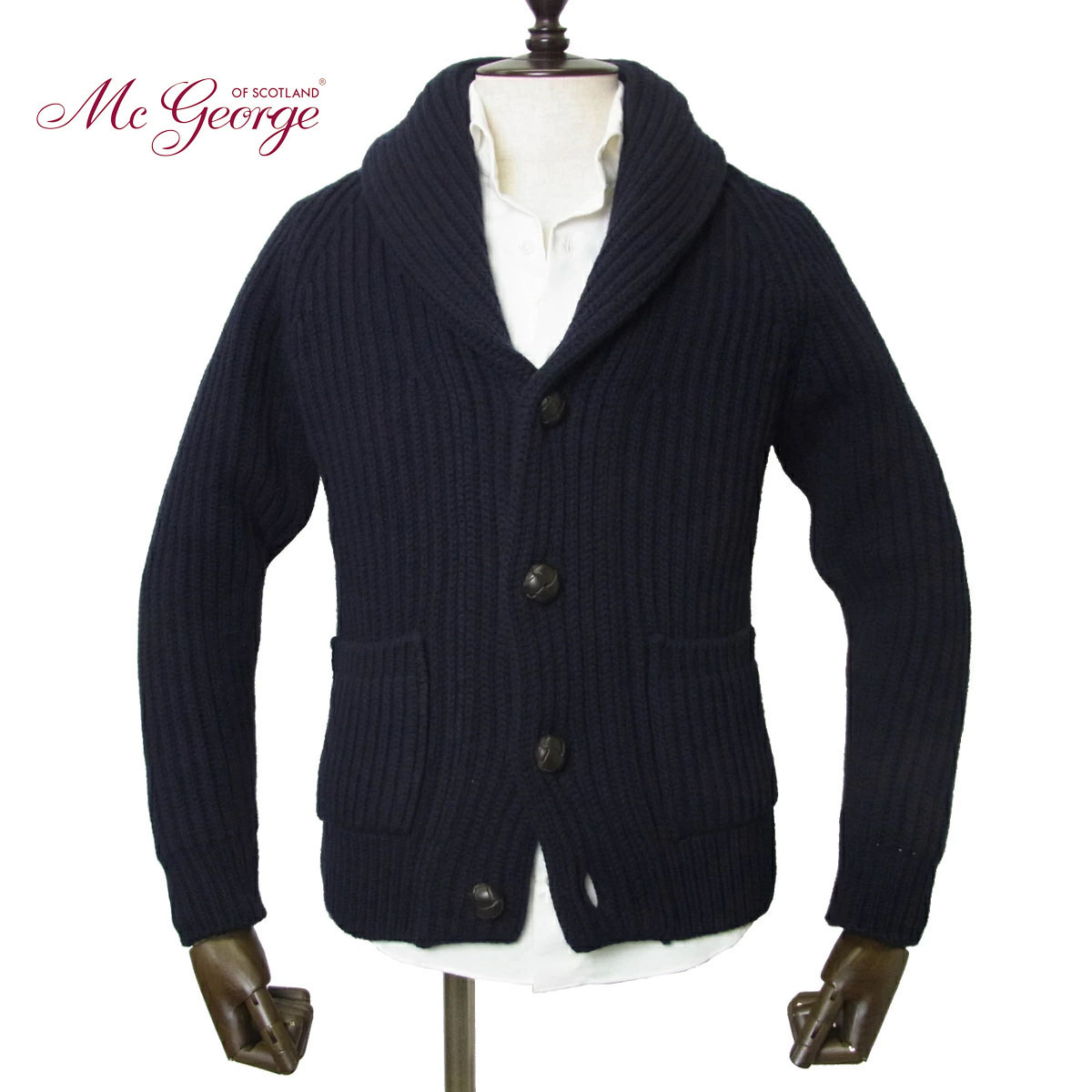 Scotland製　ハイゲージ　ネイビー リブ編み ショールカラー カーディガン 楽天市場】マックジョージ MC GEORGE ／ 【国内正規品】 ／ 強撚