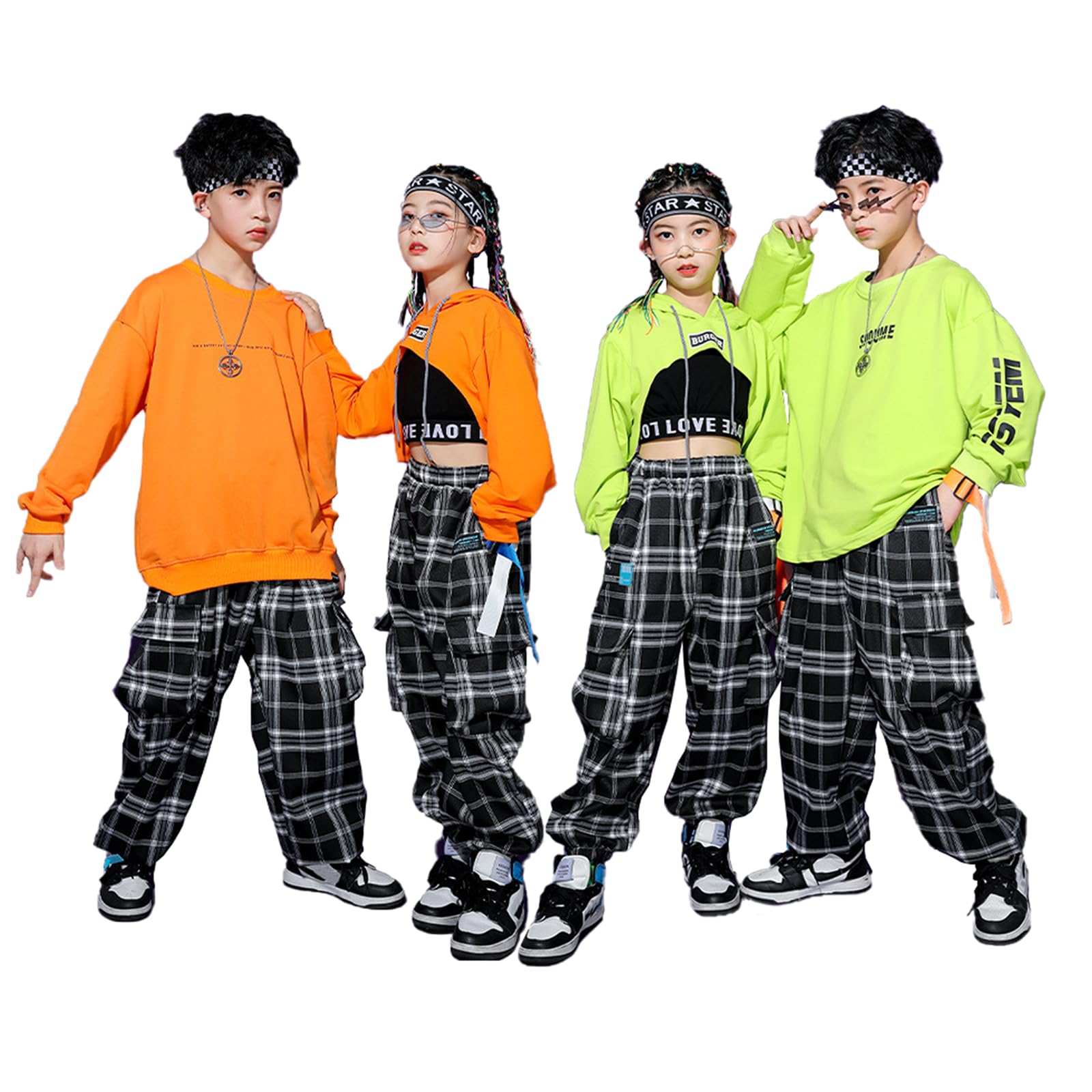 【時限特恵！最低7149円！】キッズ ダンス衣装 セット アップ キッズ ヒップホップ へそ出し パーカー 長袖 ロングパンツ カーゴパンツ チェック柄 ダボダボ ゆったり かっこいい 練習着 韓国ファッション ダンス発表会 女の子男の子 ジャズ
