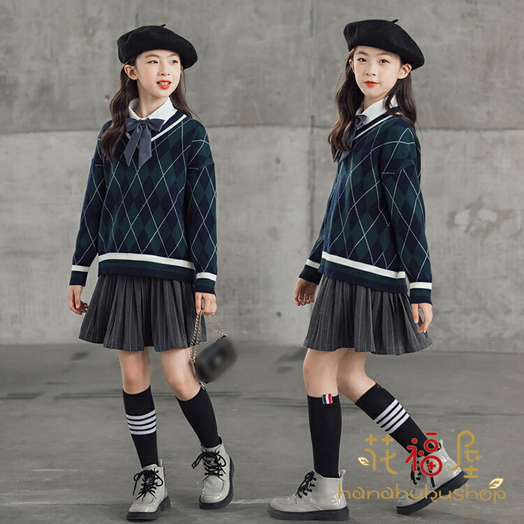 【時限特恵！最低7678円！】4点セット JK制服 スーツ 女の子 ジュニア フォーマル ブラウス 角襟 子供服 韓国 秋 セットアップ キッズ 子供 スーツ 小学生 プリッツ スカート 発表会 結婚式 七五三 スーツ スクールセーター