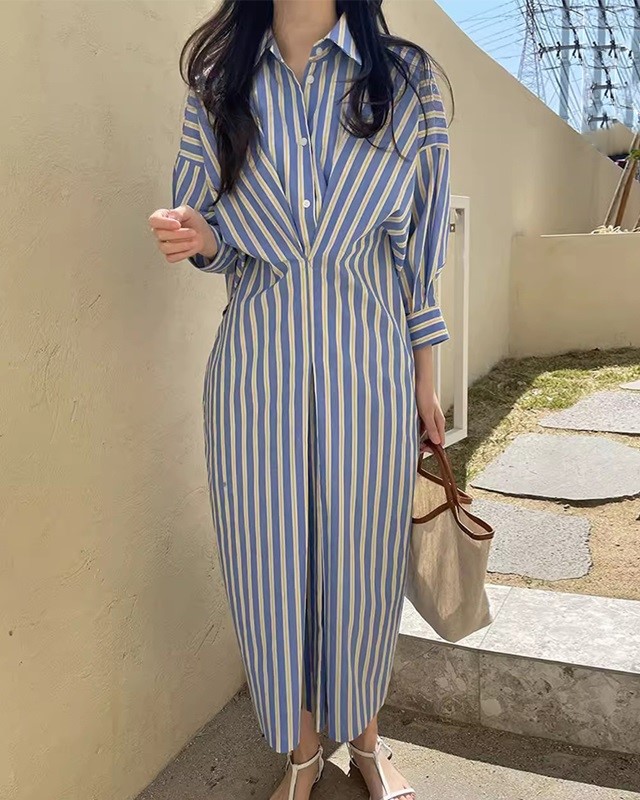 楽天市場】襟付き シャツワンピース ストライプ ロング ワンピース