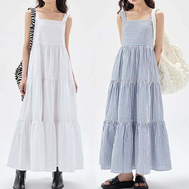 【JUSLIN/ジャスリン】ティアードワンピース ノースリーブ キャミソール ワンピース 夏 マキシ丈ワンピース ノースリーブ 無地 ストライプ シンプル カジュアル 体型カバー リゾート 春 夏|パーティードレス通販Leap