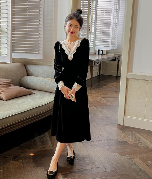 天鵞絨 衣裳 寄り合い御召しもの 御芽出度 お呼ばれ 御召しもの ロング ミモレ丈 天鵞絨 スピード競技 長袖 袖あり A伝達ルート 馬鹿でかい大いさ 黒 韓国 Vのど首 パフ衣袂 雅びやか 今めかしい 好いたらしいめ 20代 30代 40代 黒いこと