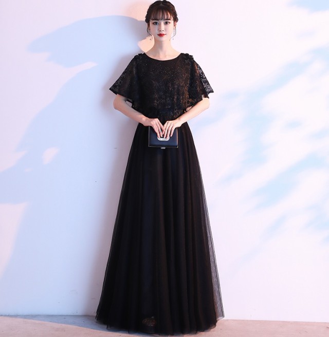 未使用品 パーティードレス 演奏会ドレス Aラインドレス 韓国 結婚式 ロング 花柄 黒
