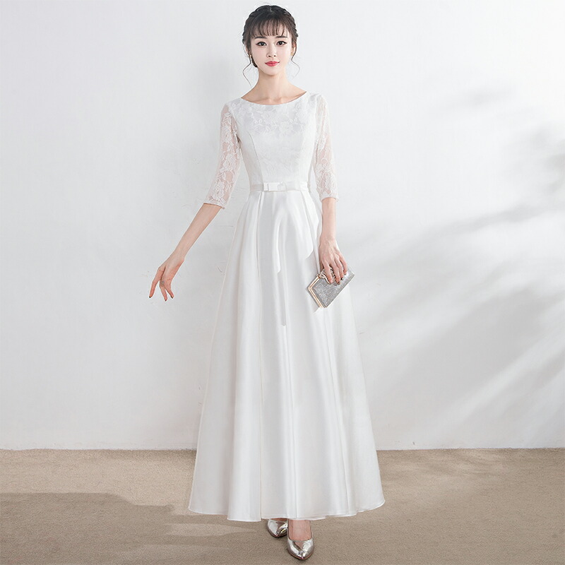 【一部即納】ウエディングドレス 花柄 レース 白 ロングドレス ミディアム ドレス 結婚式 二次会 花嫁 袖あり シアー袖 五分袖 ウエストマーク ウエストリボン 大きいサイズ 2L 3L 4L 小さいサイズ Aライン ホワイト 20代 30代 40代 50代 シンプル 可愛い 人気