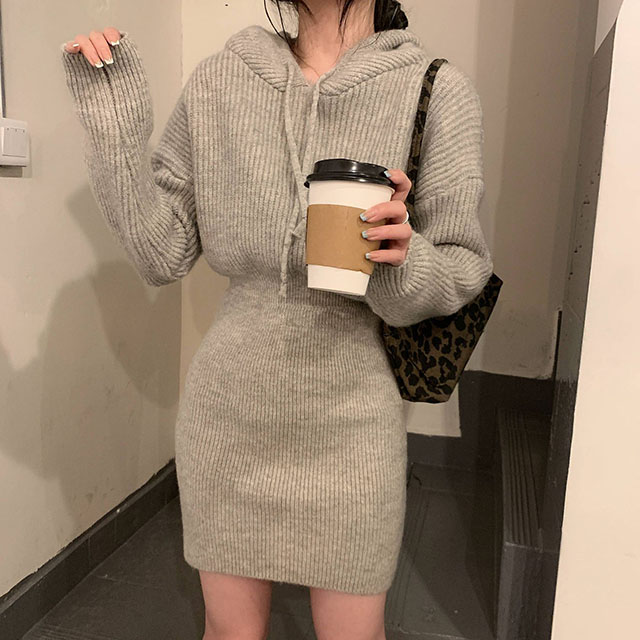 ボンネット付き添い人 編み物衣裳 ミニ 衣裳 レディース 膝上 長袖 リブニットワンピース 大層らしい大きさ 春 秋冬 韓国 流行り物 ゆったり 色っぽい 分かりやすい 今めかしい 成年者好いたらしい 心地よい 20代 30代